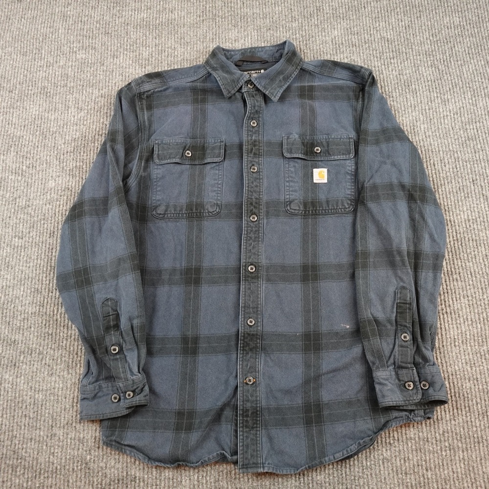Carhartt TW4451-M Blue Plaid Flannel Shirt Mens Medium Loose Fit Button Up Work